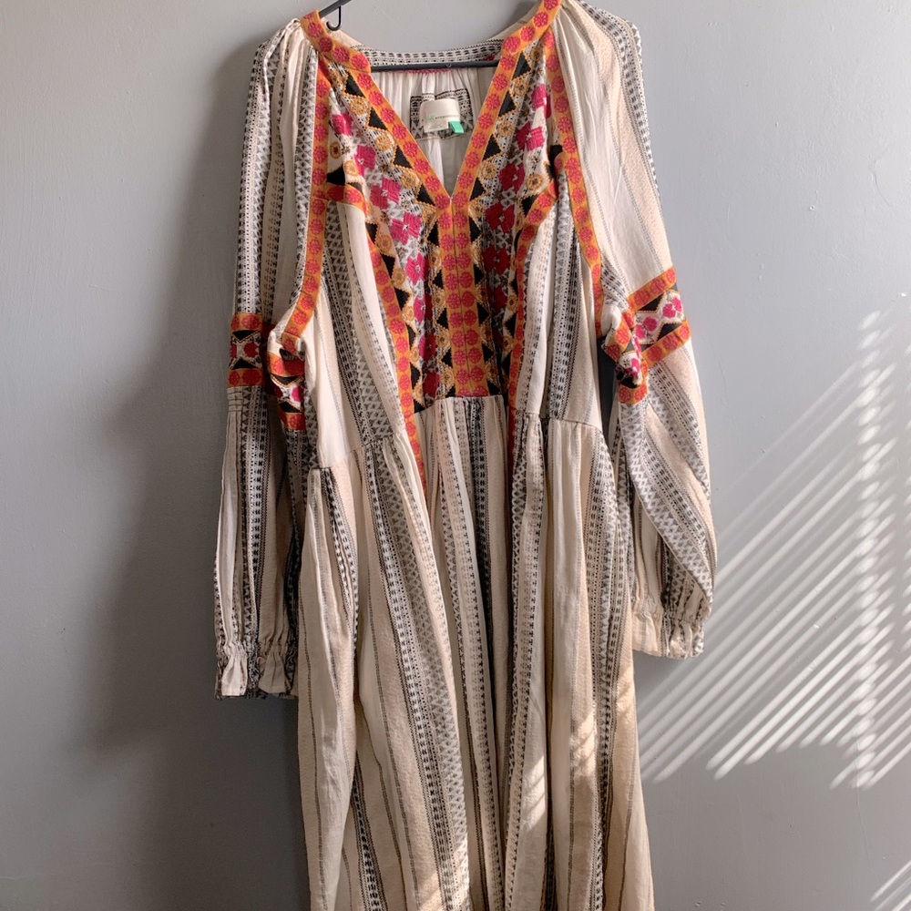 Anthropologie Cream and Orange Embroidered Dress